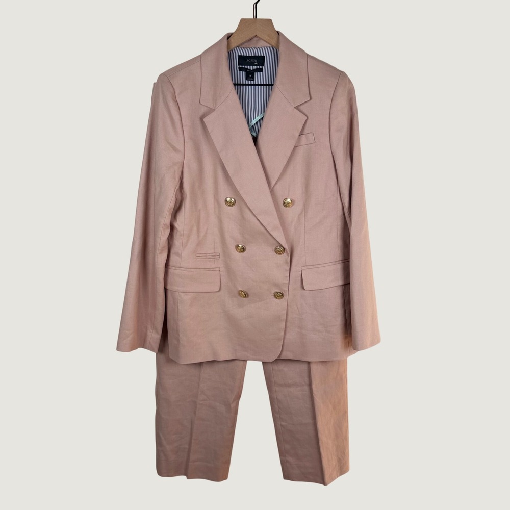 J. Crew Size 14 Bristol DB Blazer and Kate Pant Suit Set Pink Linen Blend Preppy
